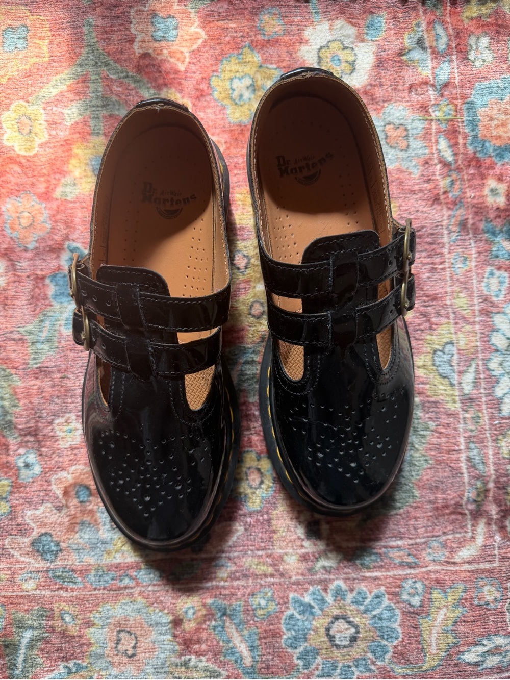 Dr. Martens Kids Black Patent Double-Strap T-Bar Shoes